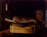 Famous Bowl Paintings - Still Life Of A Carp In A Bowl Placed On A Wooden Box, All Resting On A Table